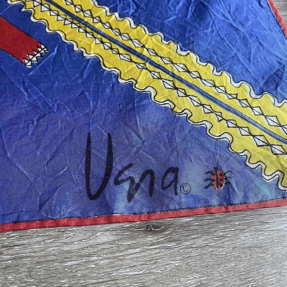 Vera Neumann Starburst Scarf Blue Red Gold Square 26" x 26" - Picture 4 of 5